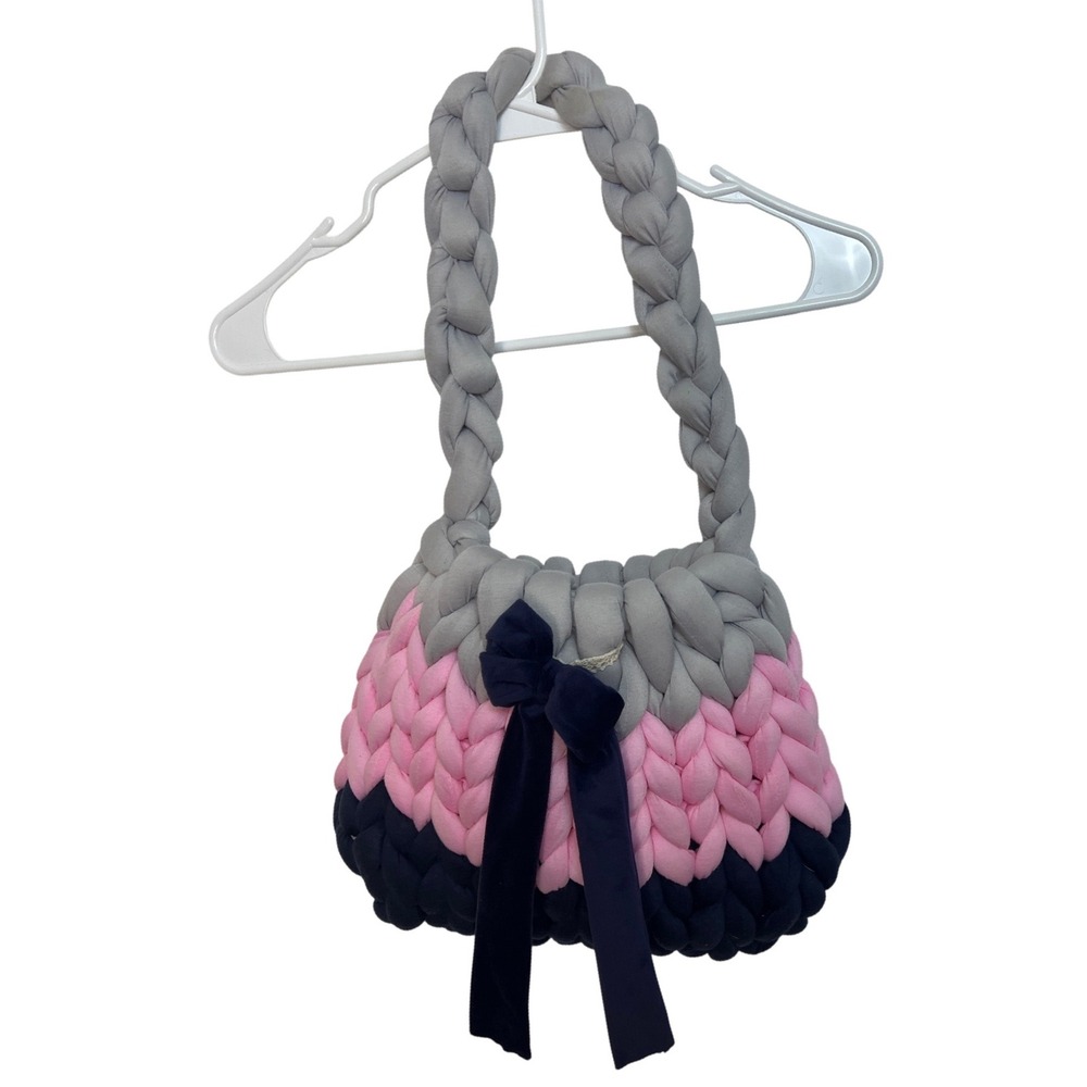 Thread the Gnar Handwoven Chunky Knit Tote Bag Grey Pink Navy Blue Velvet Bow